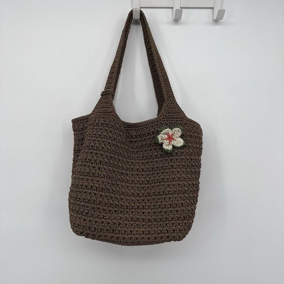 The Sak Brown Crochet Shoulder Bag Floral Applique Boho - Picture 1 of 10